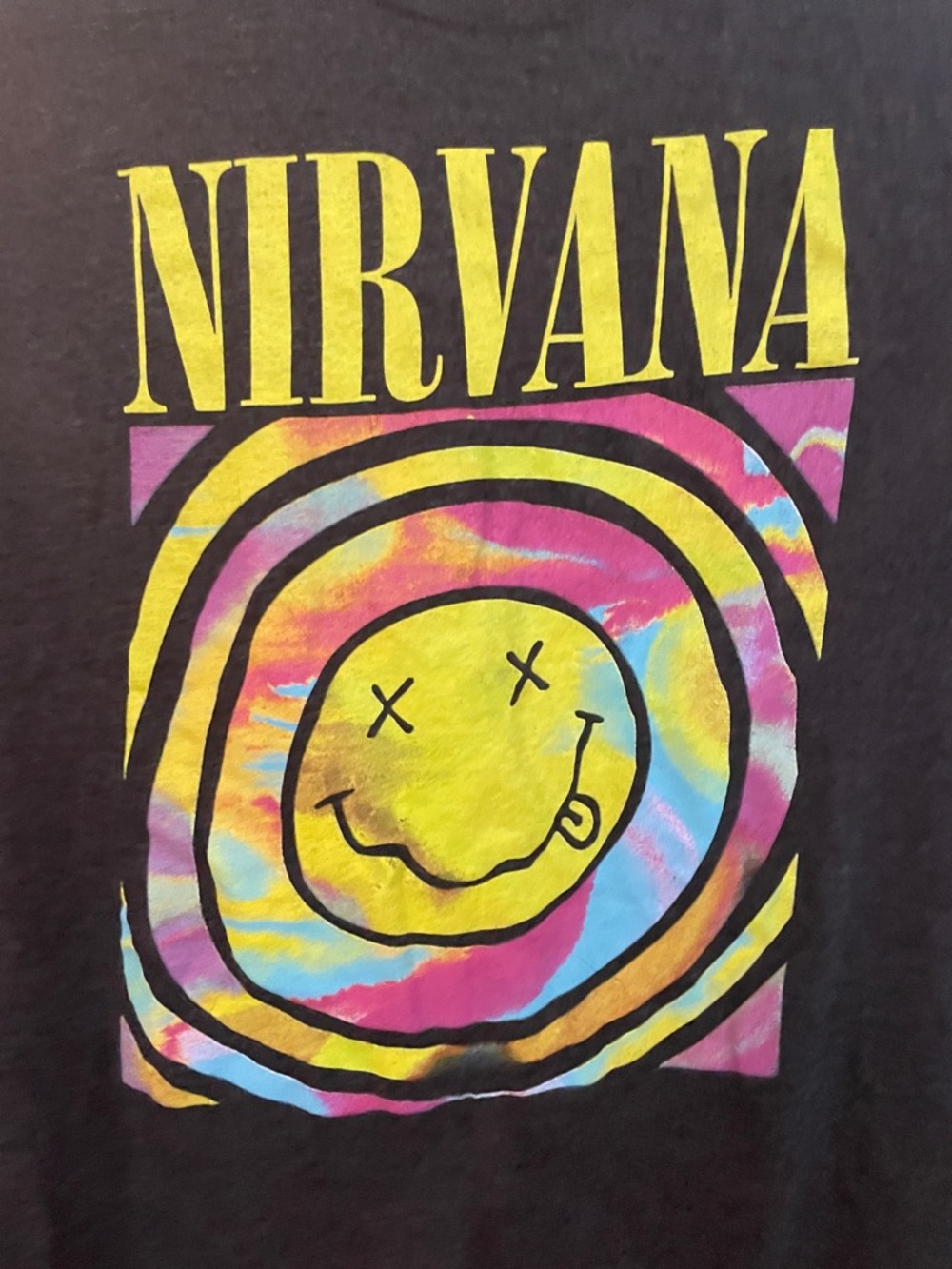 NIRVANA Black Tee with Yellow Logo and Multicolor Tie-Dye Smiley. Size L - Picture 2 of 3